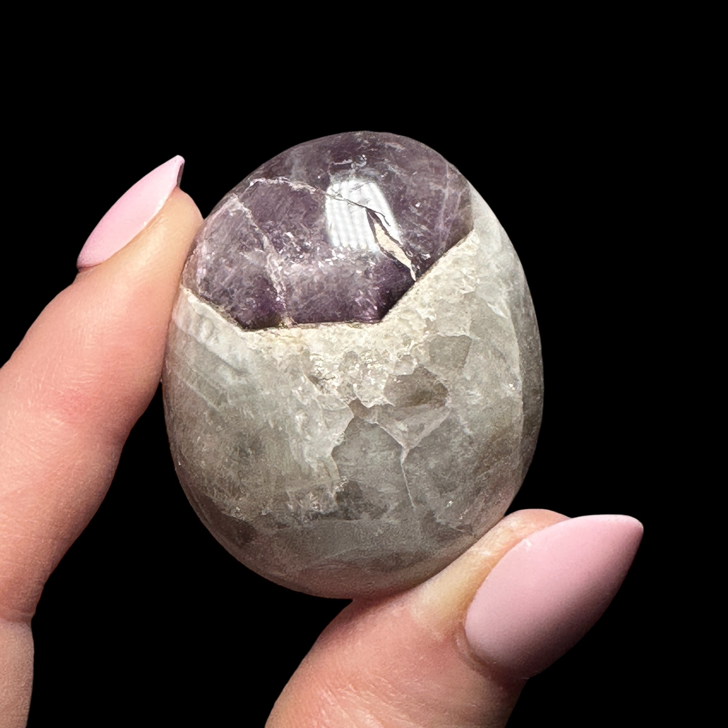 Chevron Amethyst & Smoky Quartz Palm Stone | Stock A