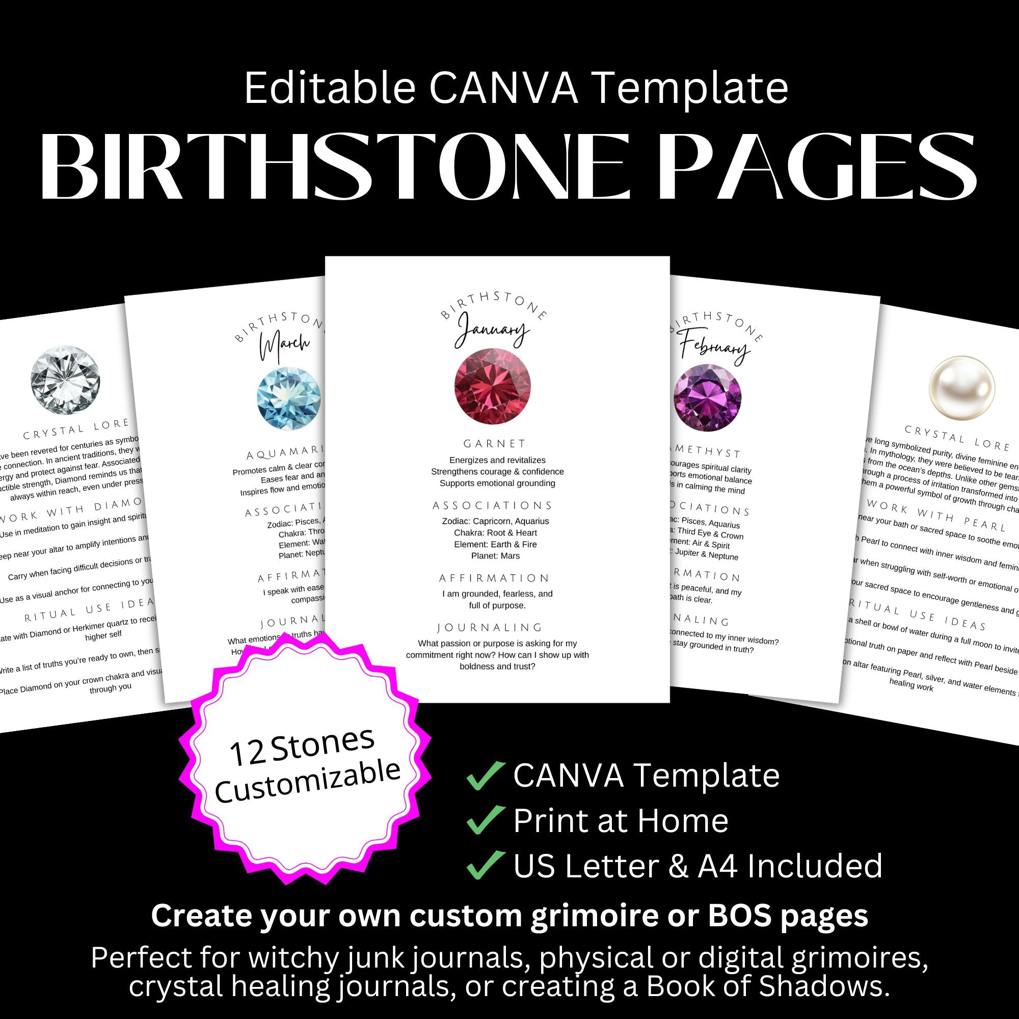 Birthstone Printable Grimoire Pages | Canva Template: Customize or Use As-Is