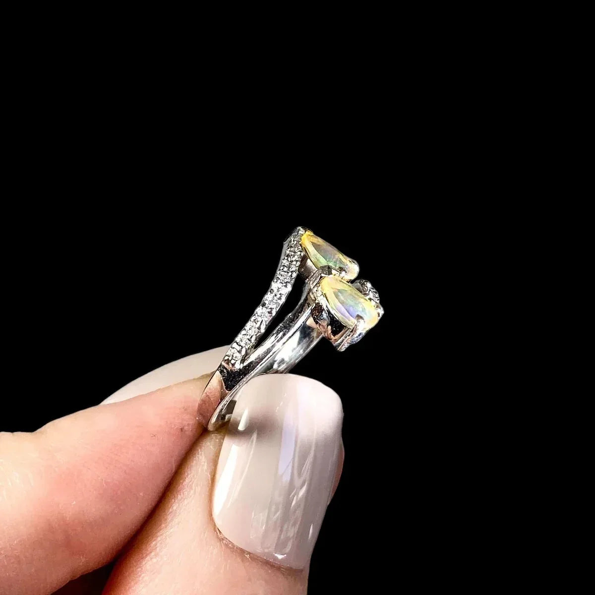 Ethiopian Opal Ring with CZ Accents | Size 5.5 with .925ss - Mooncat Crystals