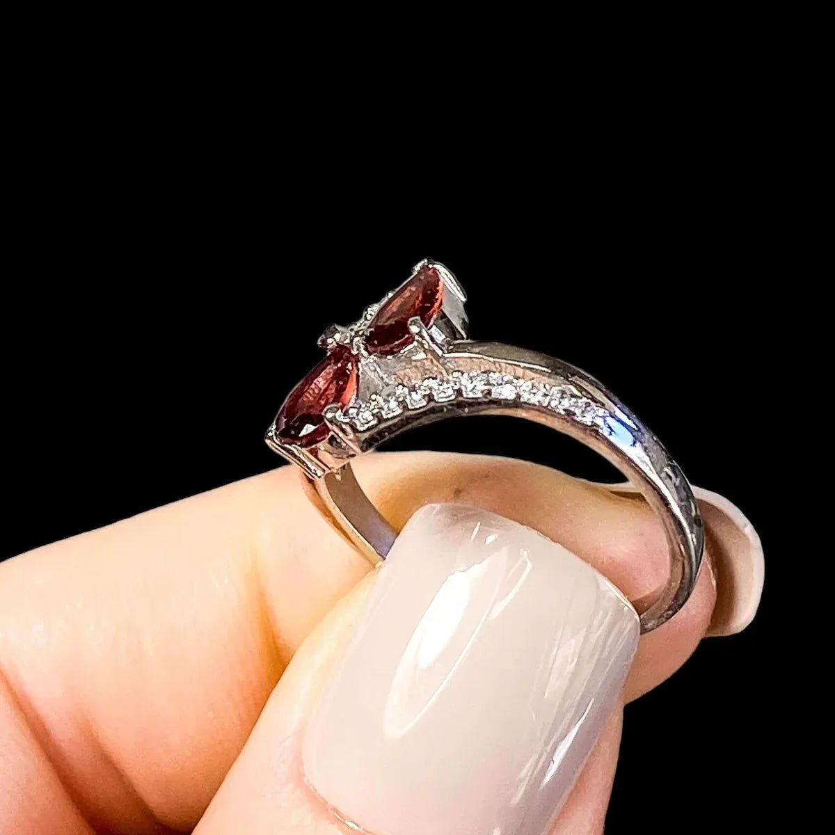 Garnet Ring with CZ Accents | Size 7.75 with .925ss - Mooncat Crystals