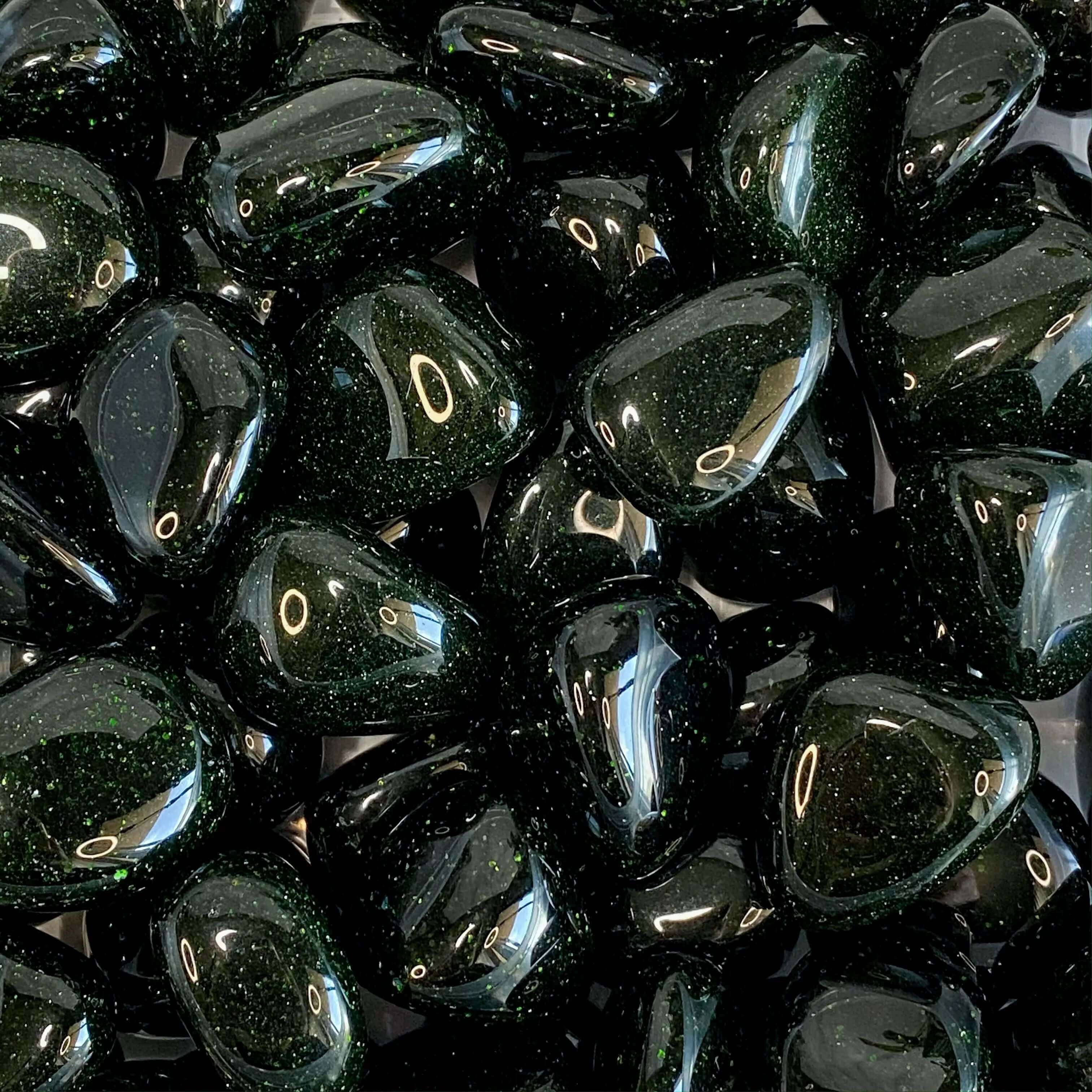 Glittery Green Goldstone (Manmade) Tumbles | Set of 2 Mooncat Crystals