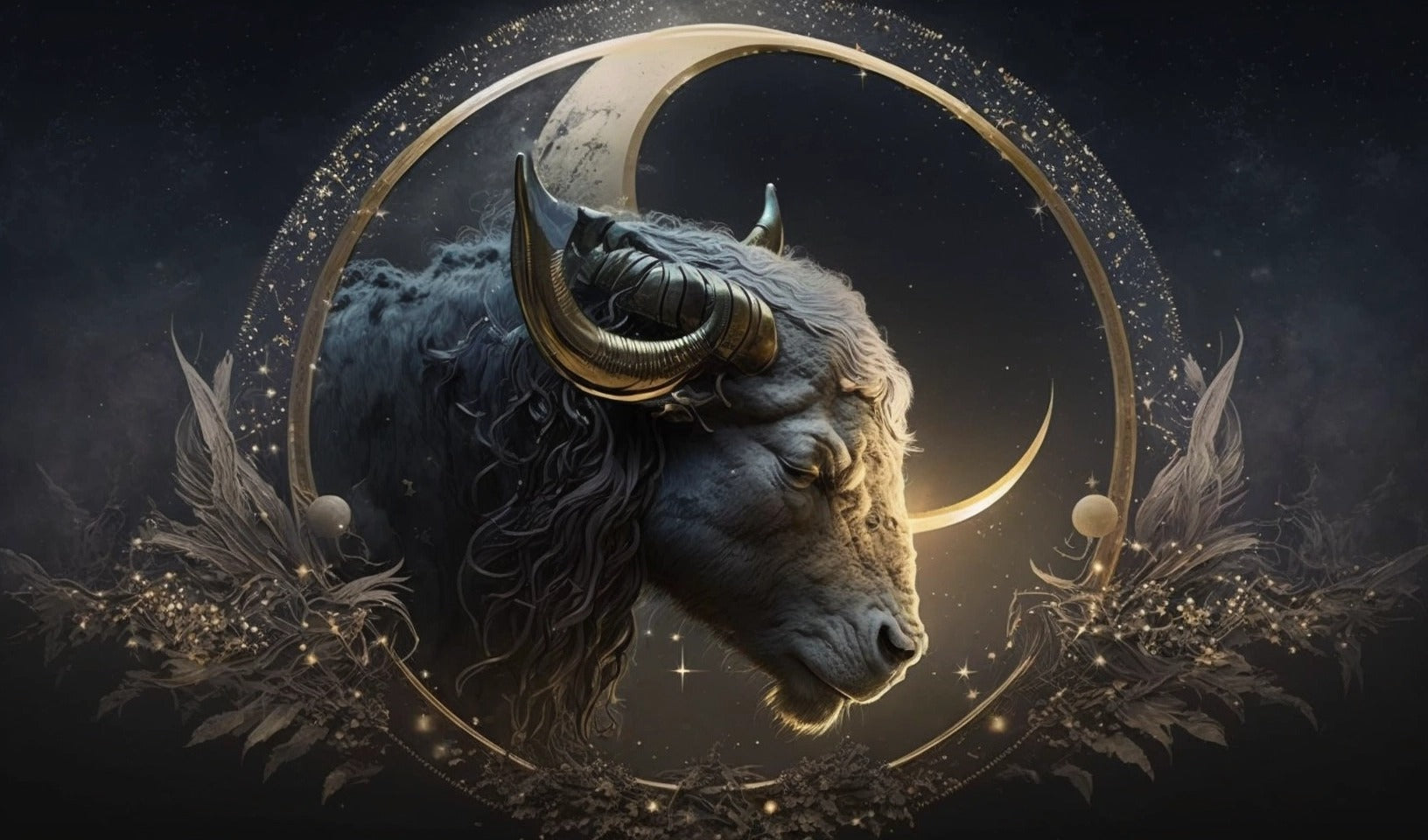 AI image of a bull symbolizing the zodiac sign Taurus in front of a new moon in a dark sky
