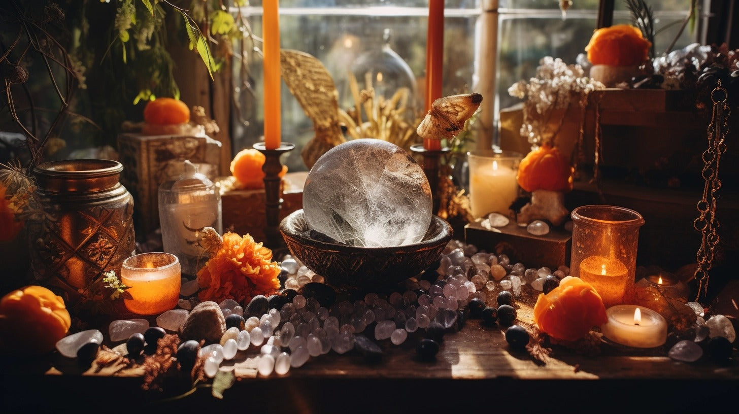 Magical tools like a mini cauldron, candles, herbs, and crystals