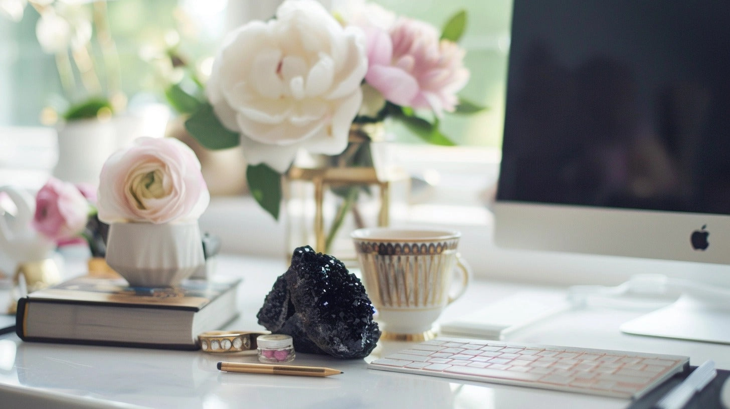crystals for emf protection a desk with shungite