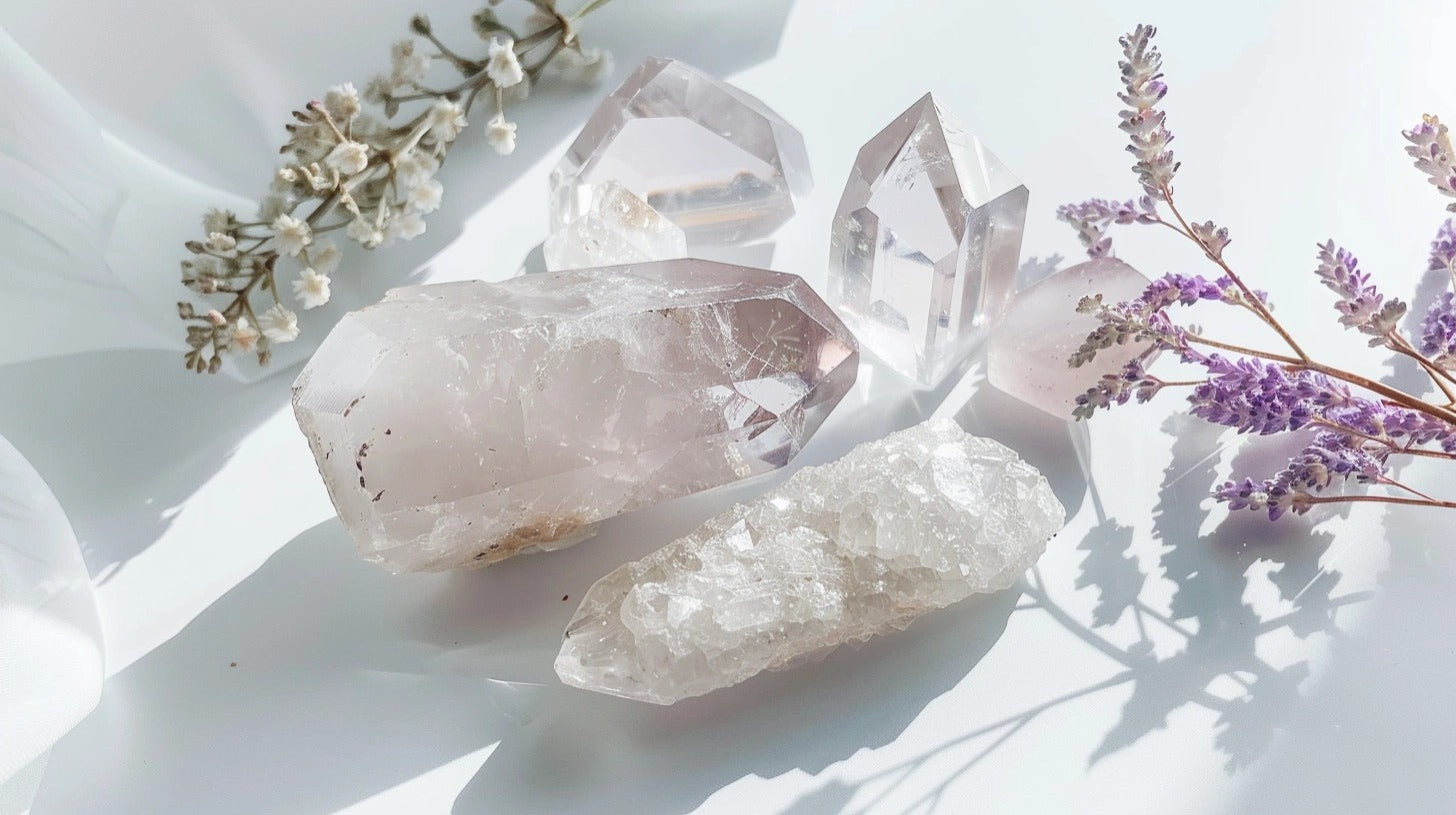 A collection of crystals on a white background in sunlight