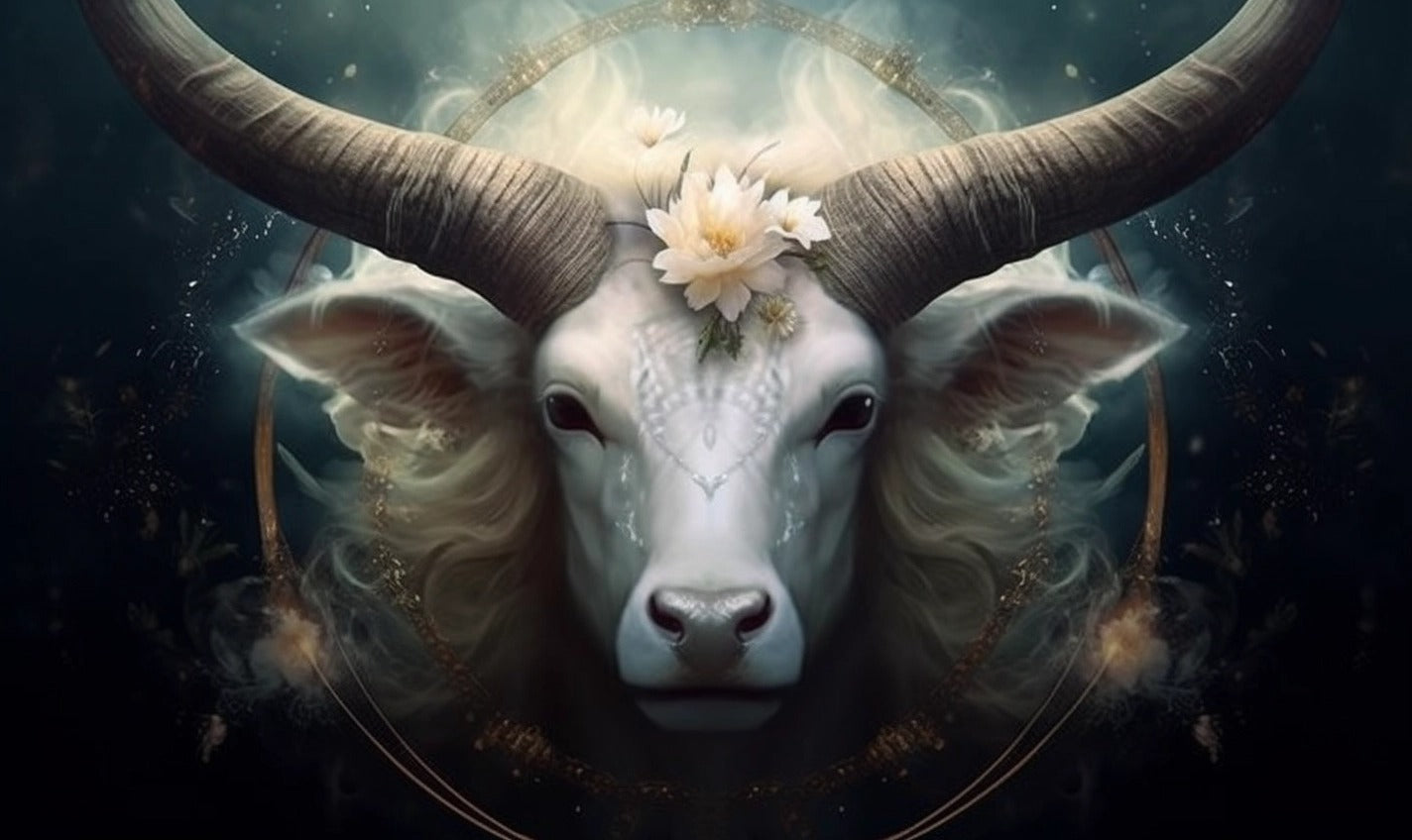 AI image of a bull representing the zodiac sign Taurus in a new moon with clouds in a night sky