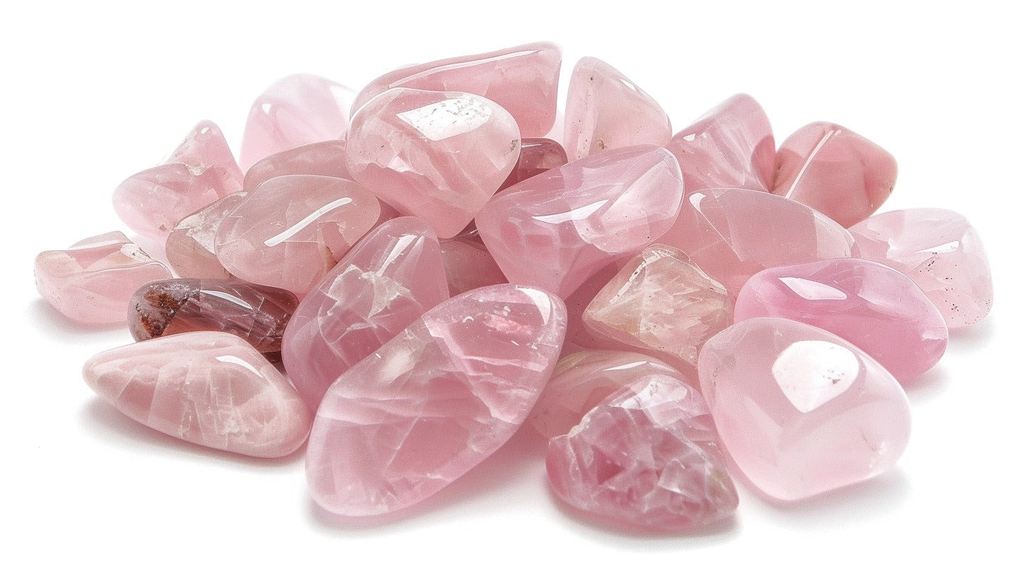 A pile of rose quartz tumbles