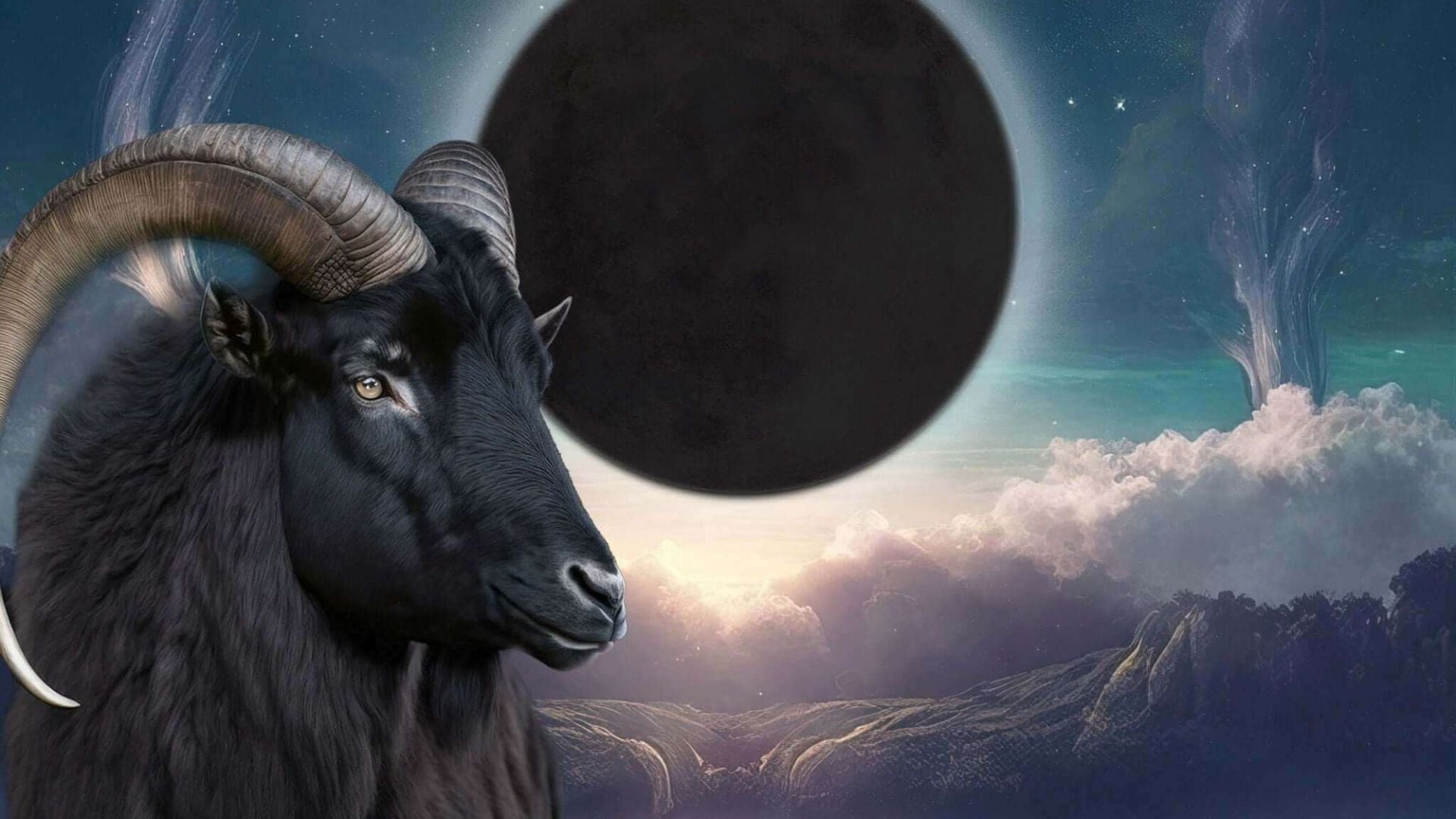 AI image of a fully black "new moon" with a ram, symbolizing the Aries zodiac sign