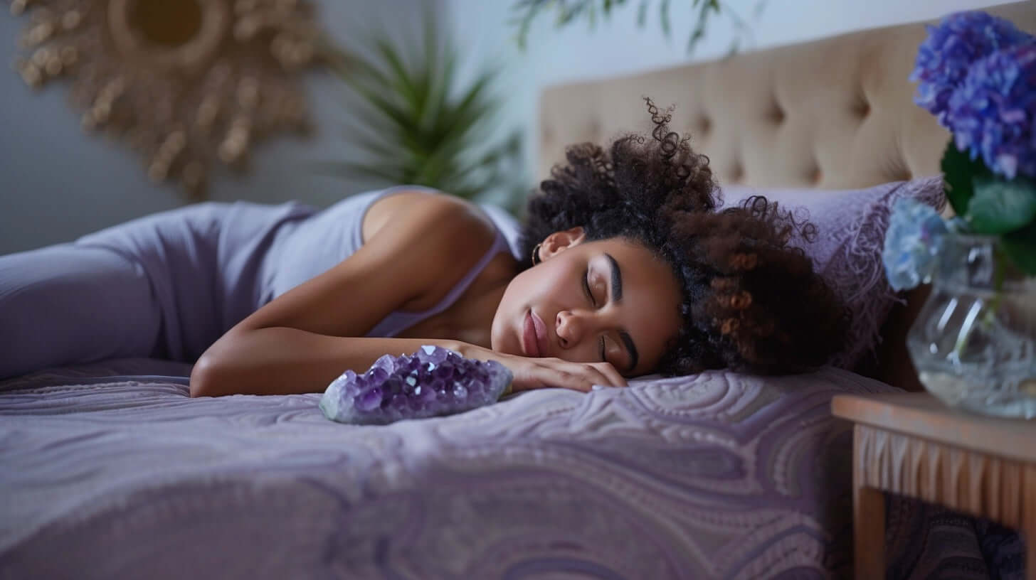 Woman sleeping with an amethyst crystal next to her Crystals for Sleep Mooncat Crystals