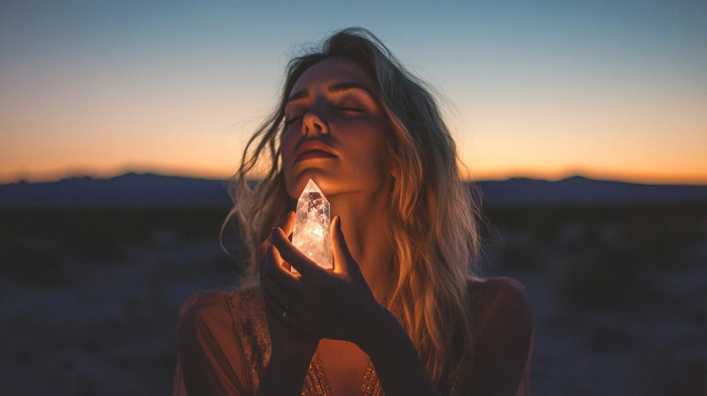 woman holding a quartz crystal under the new moon and a twilight sky crystals for the new moon