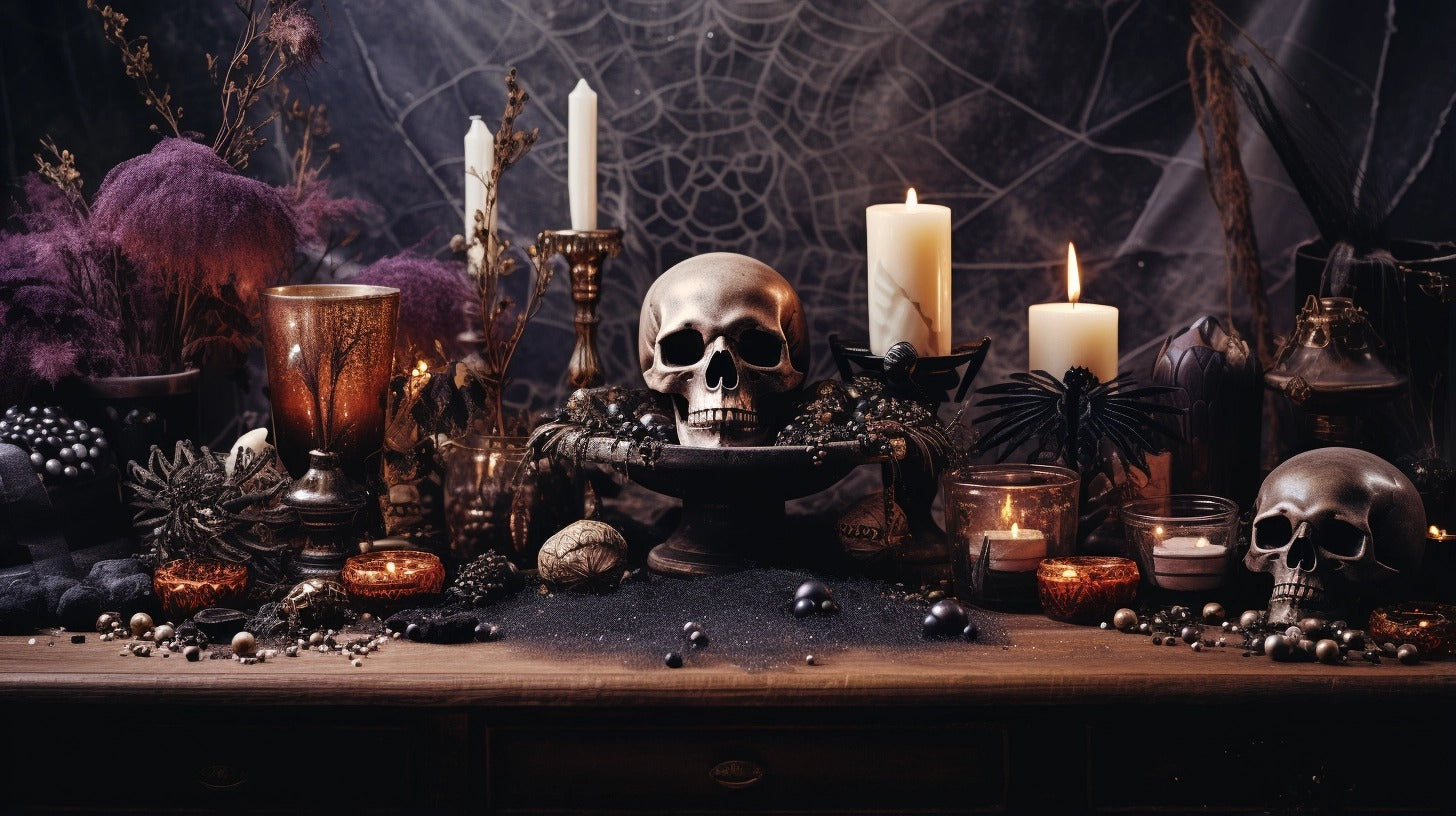 Tarot cards, candles, crystals, and flowers 