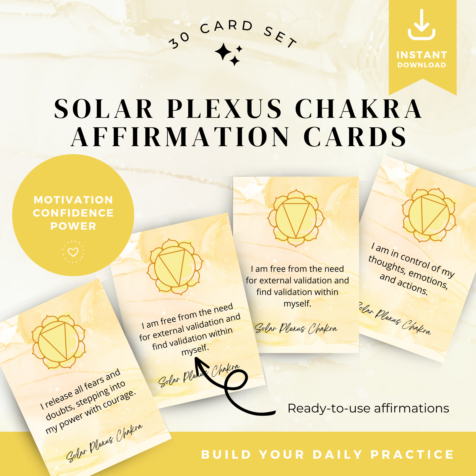 Set of 30 Printable Solar Plexus Chakra Affirmation Cards (5" x 7") | Digital Download