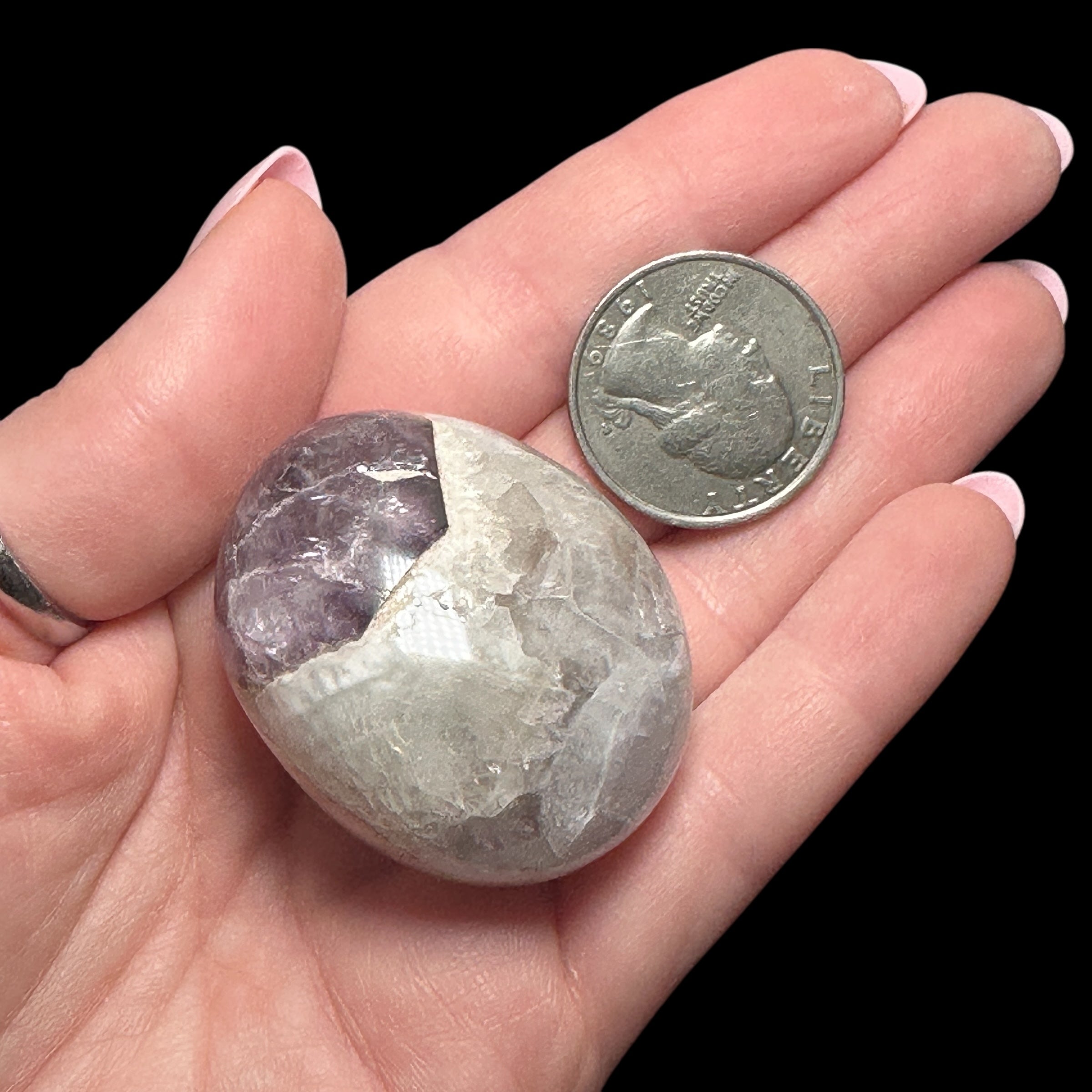 Chevron Amethyst & Smoky Quartz Palm Stone | Stock A