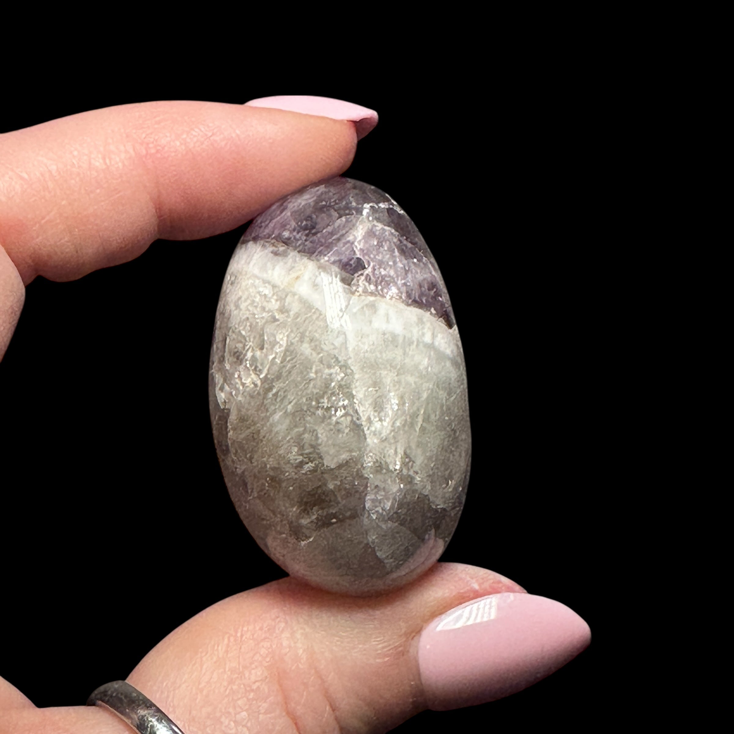 Chevron Amethyst & Smoky Quartz Palm Stone | Stock B