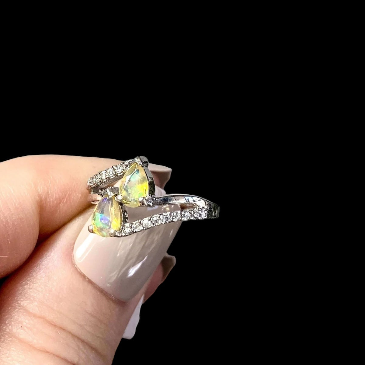 Ethiopian Opal Ring with CZ Accents for Inspiration and Emotional Healing | Size 5.5 Mooncat Crystals