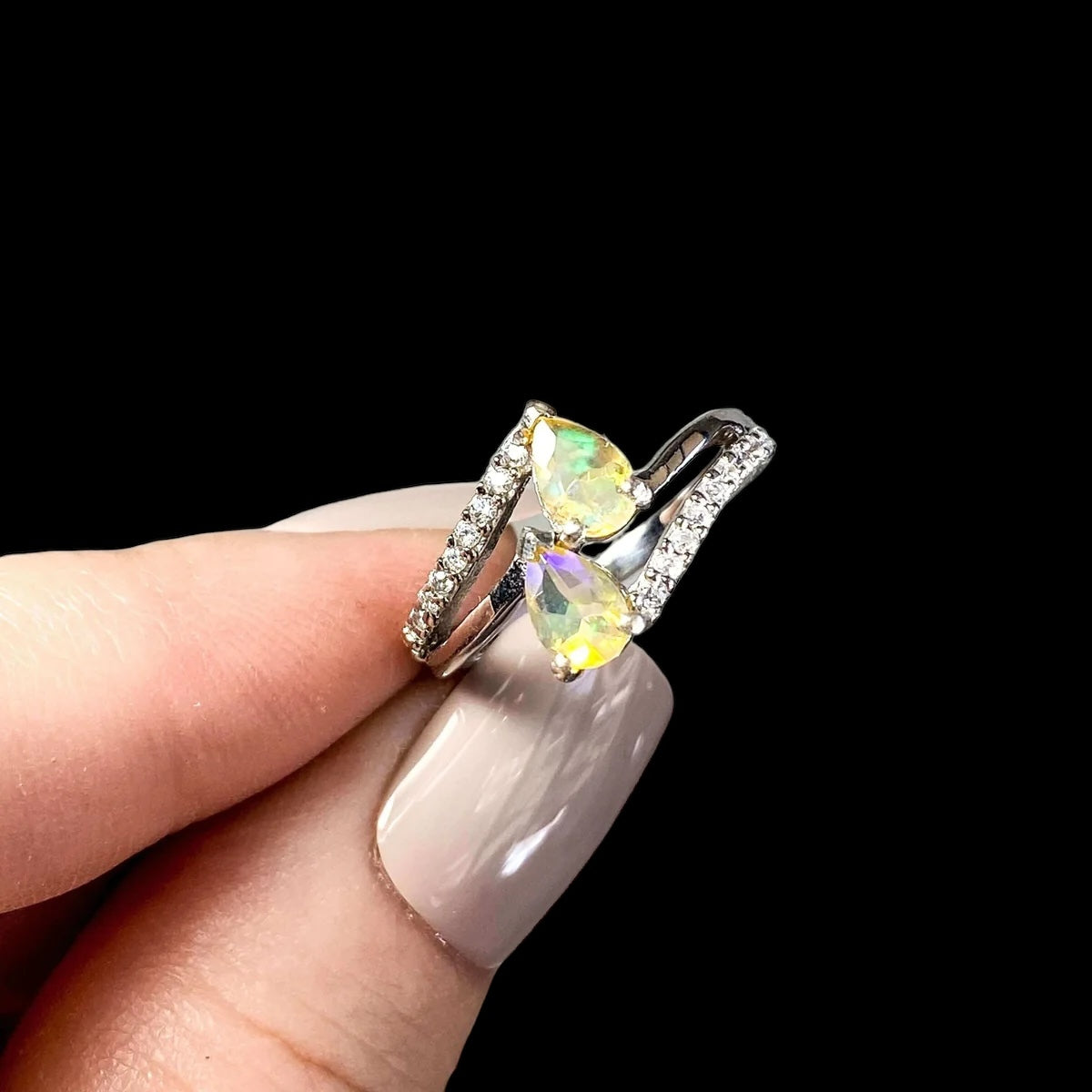 Ethiopian Opal Ring with CZ Accents for Inspiration and Emotional Healing | Size 5.5 Mooncat Crystals