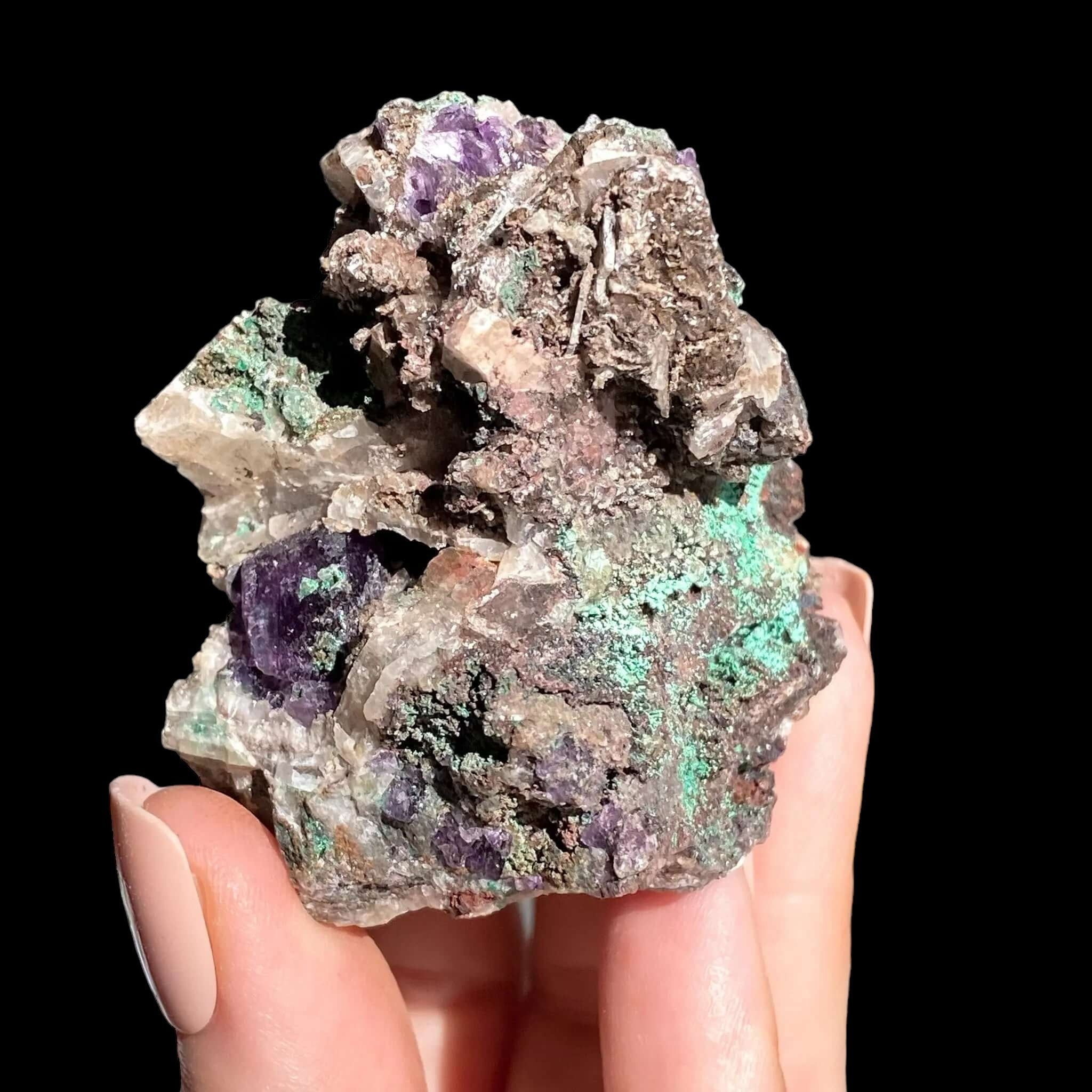 Purple Fluorite with Malachite for Transformation and Protection | Stock G Mooncat Crystals