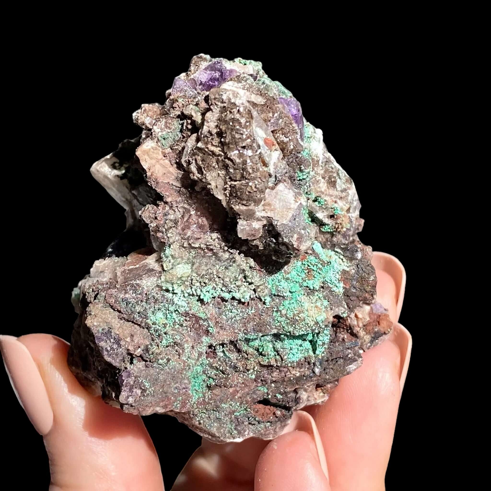 Purple Fluorite with Malachite for Transformation and Protection | Stock G Mooncat Crystals