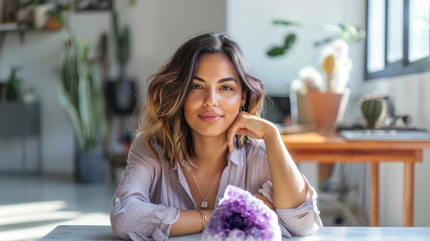 Woman confidently looking into the camera with an amethyst on the desk in front of her crystals for confidence 