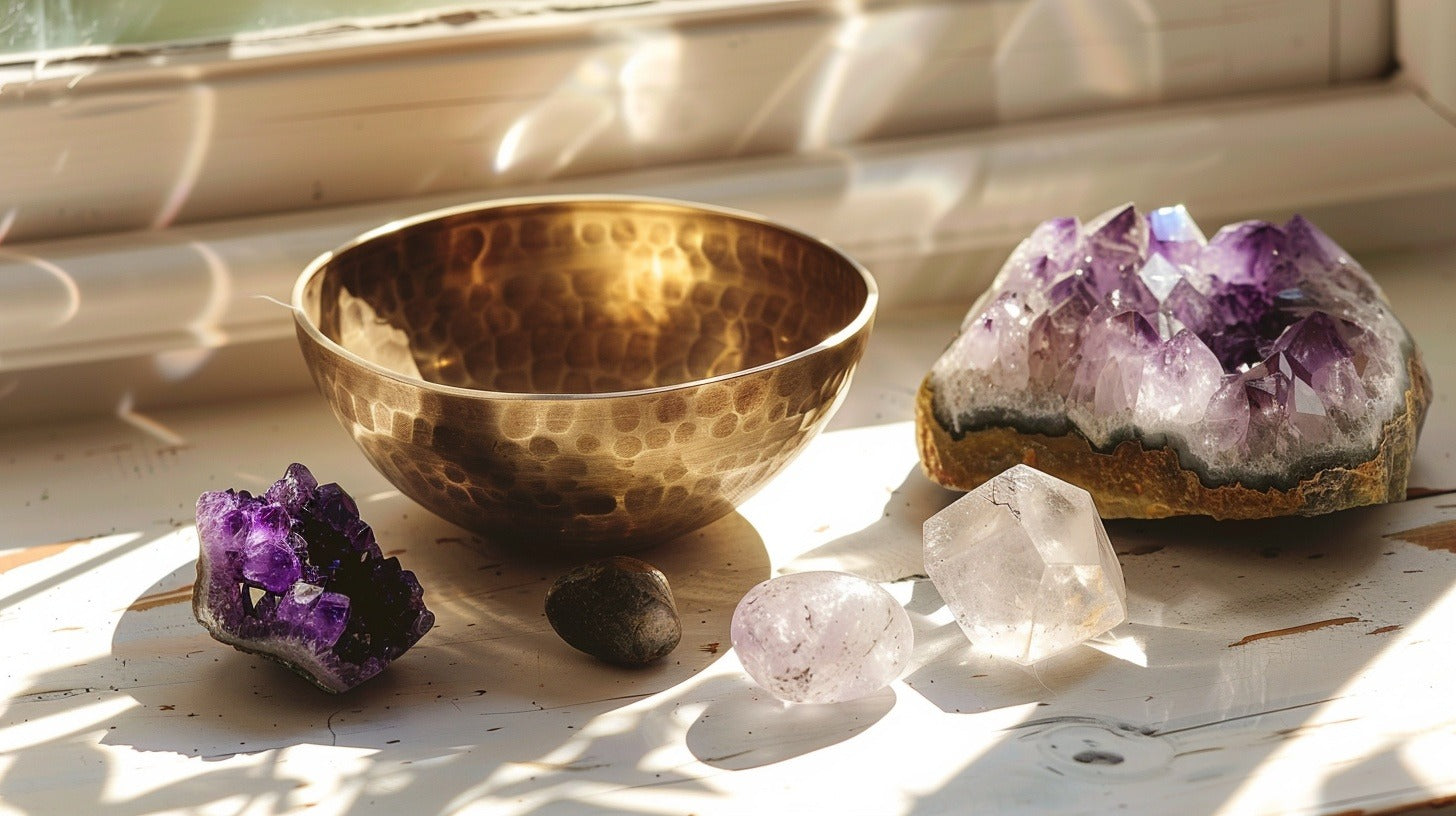 amethyst quartz and a singing bowl near a window how to cleanse crystals online metaphysical store