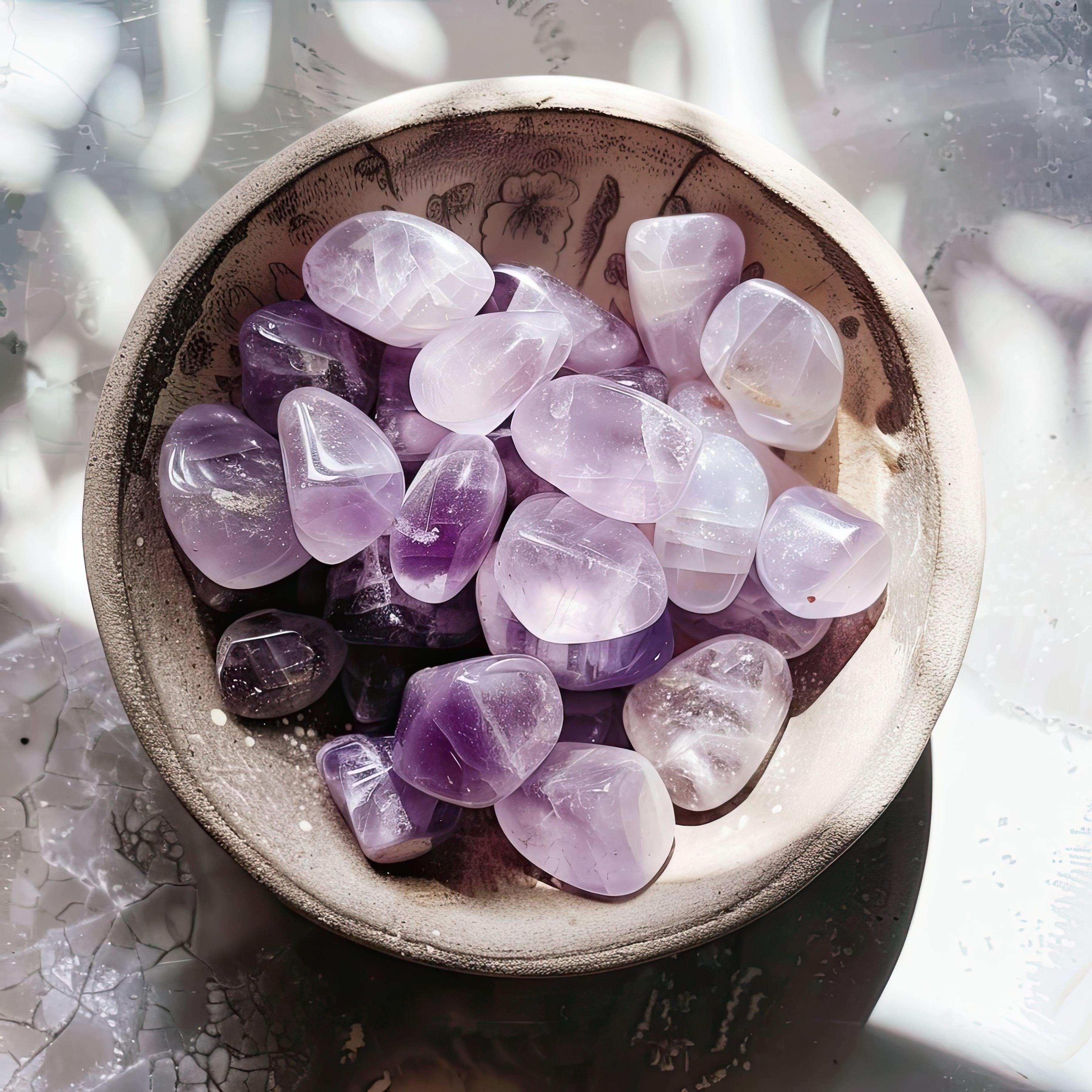 Bowl of amethyst crystal tumbled stones in a wooden dish for sale online gemstone store