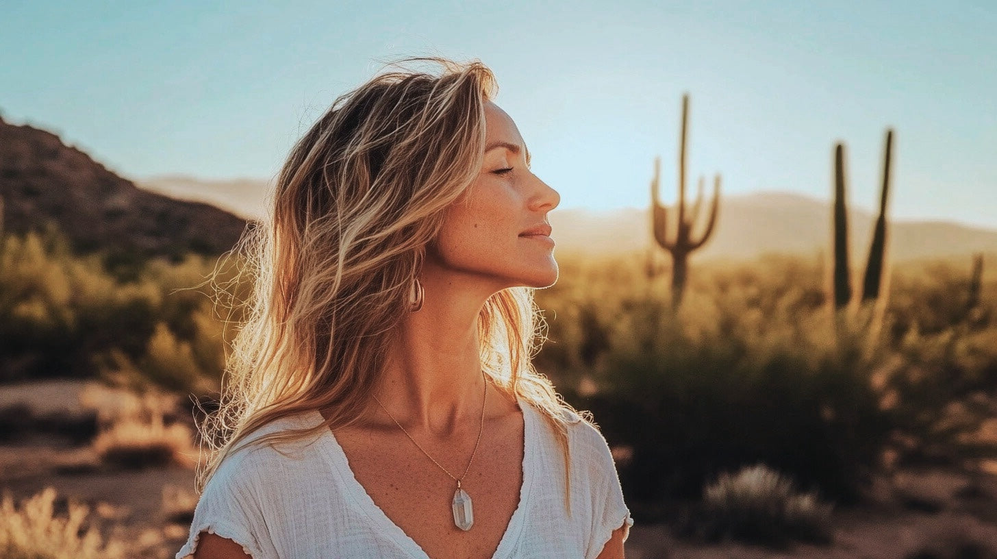 Woman wearing a quartz crystal necklace enjoying the desert sun crystals for peace and relaxation 