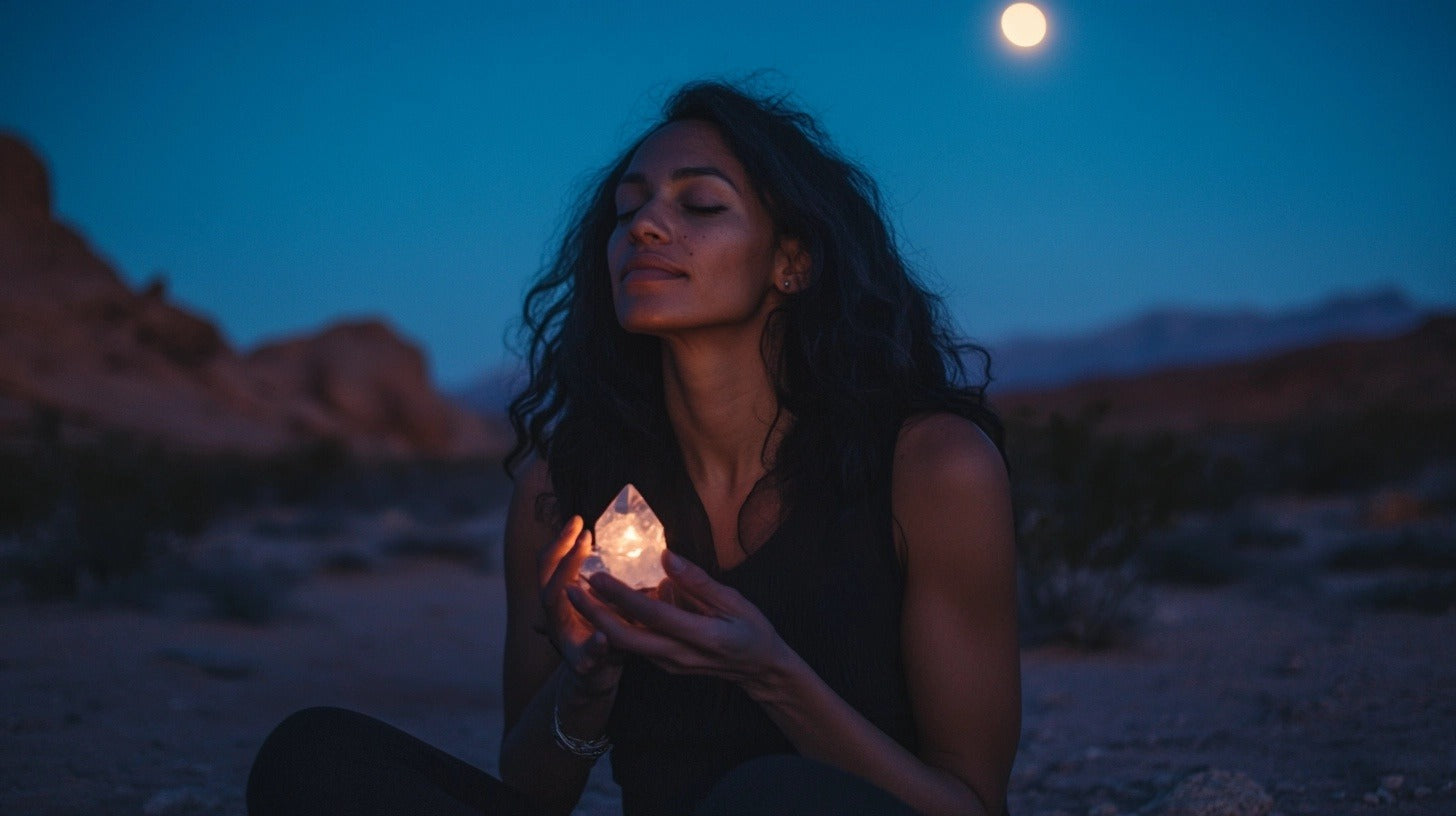 woman holding a quartz crystal under the full moon crystals for sale