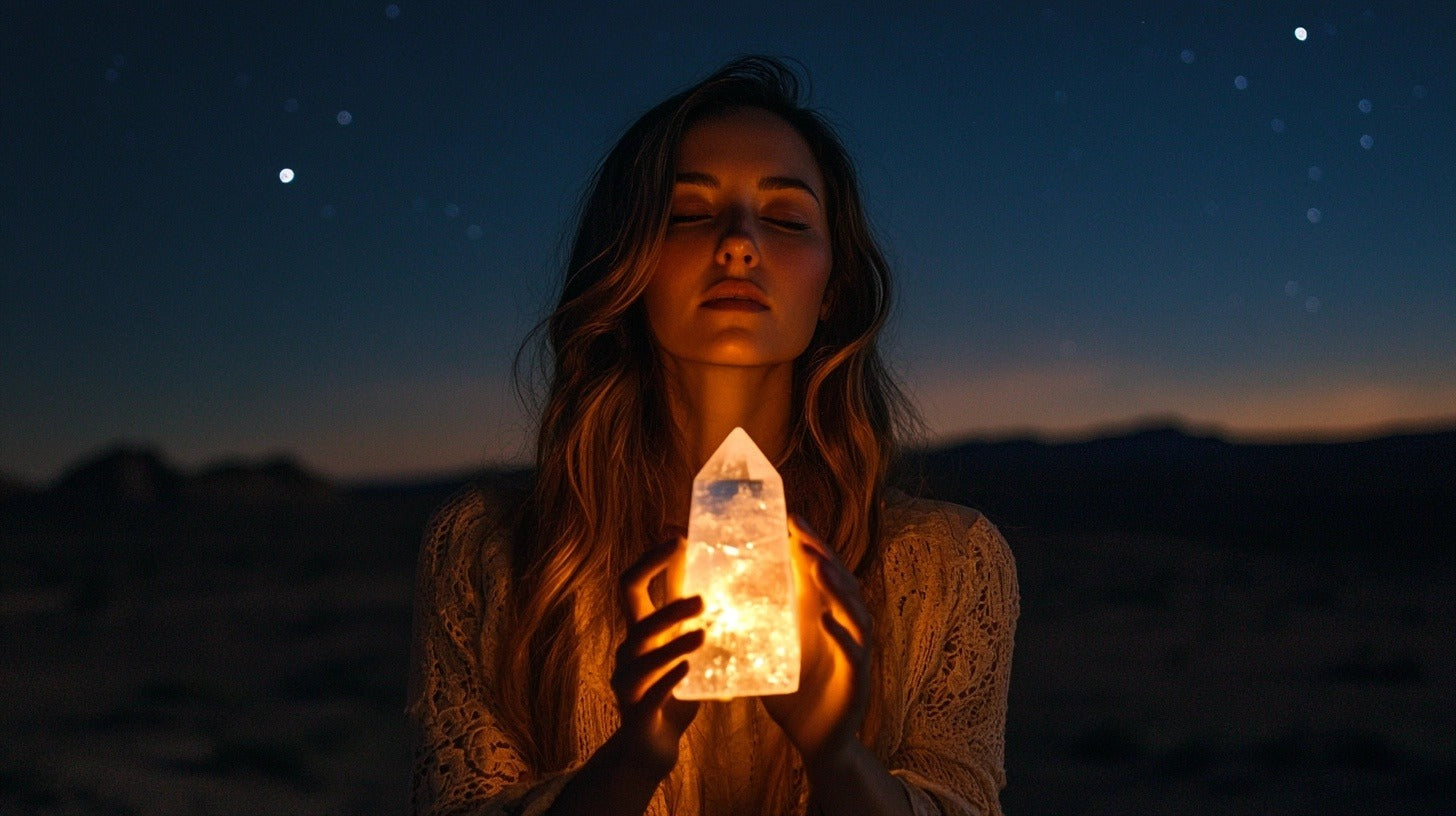 woman holding a crystal under the new moon crystals for sale