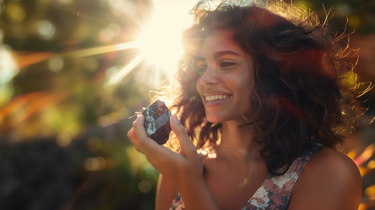 woman holding a piece of black tourmaline for protection crystals for sale