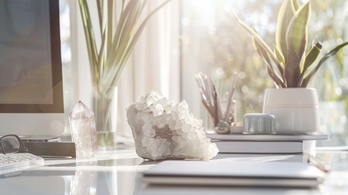 Quartz crystal cluster on a desk with plants and a computer ways to use crystals at home 