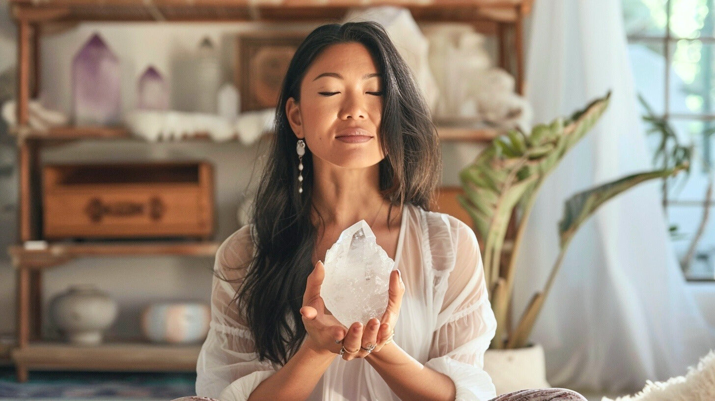 woman meditating with a quartz crystal in a room full of crystals for studying and focus