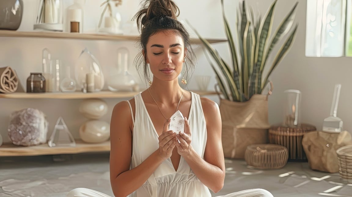 woman holding a quartz crystal meditating in a meditation room Crystals for healing for sale