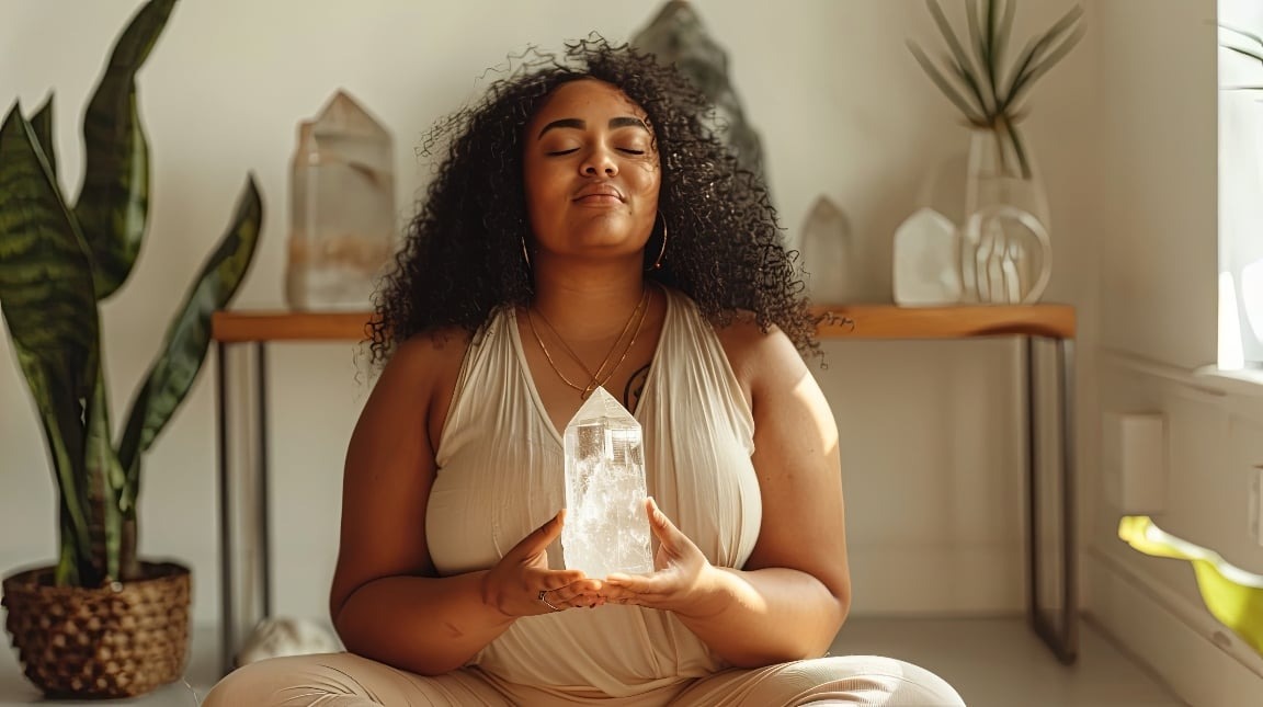 woman holding a clear quartz tower meditating with plants and meditation crystals in the background