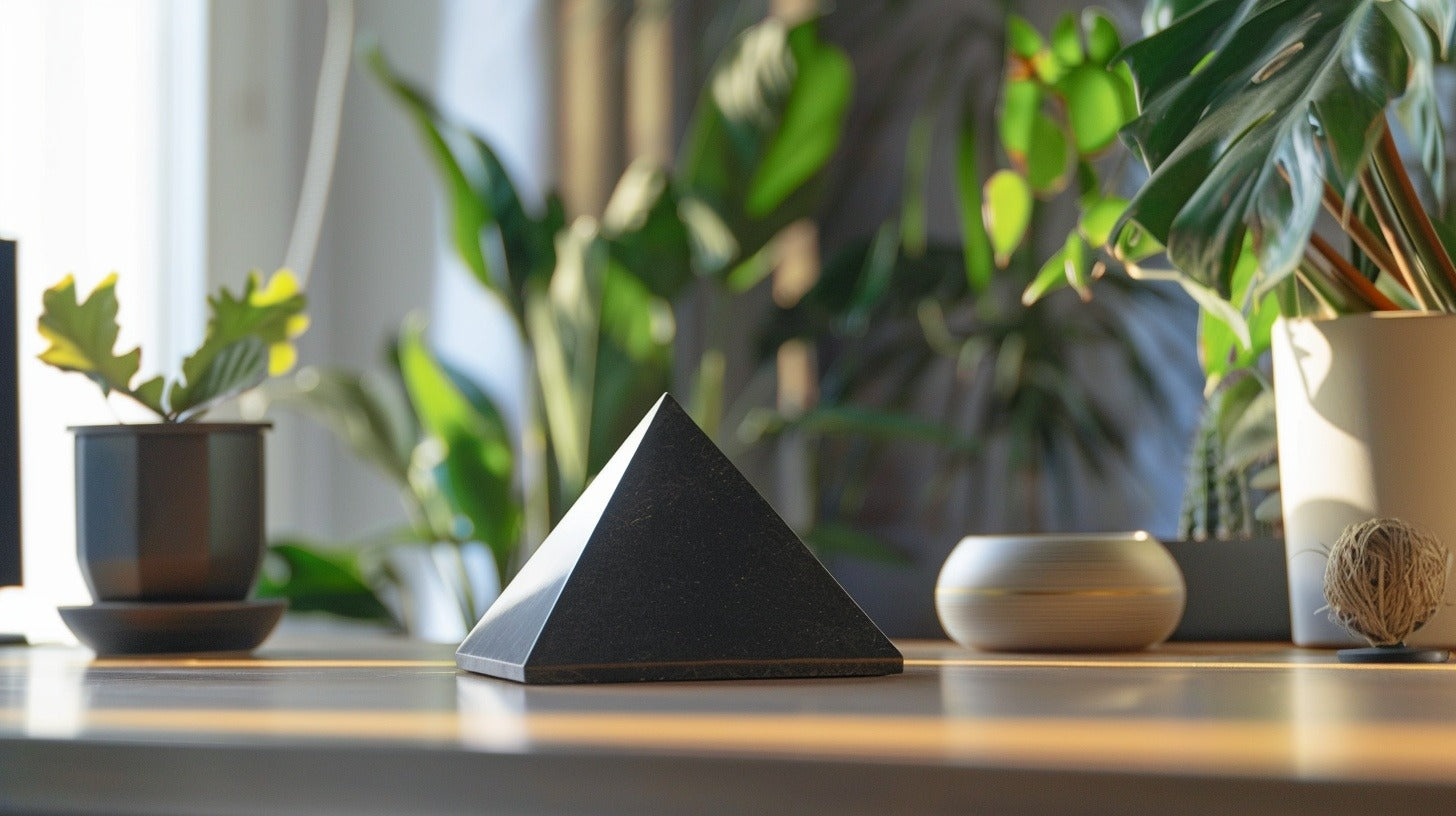 Shungite pyramid crystal for emf protection on a desk with plants and lots of light