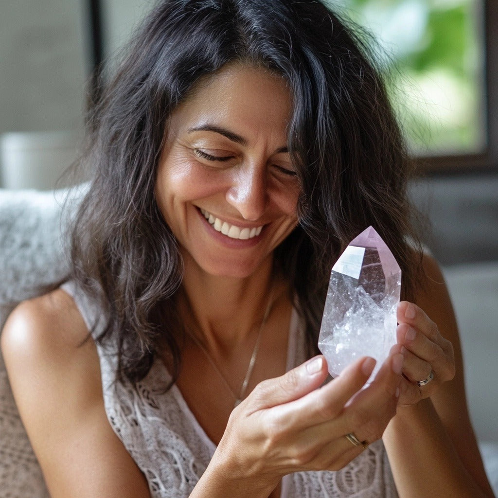 woman looking at a large clear quartz point and smiling real crystals for sale