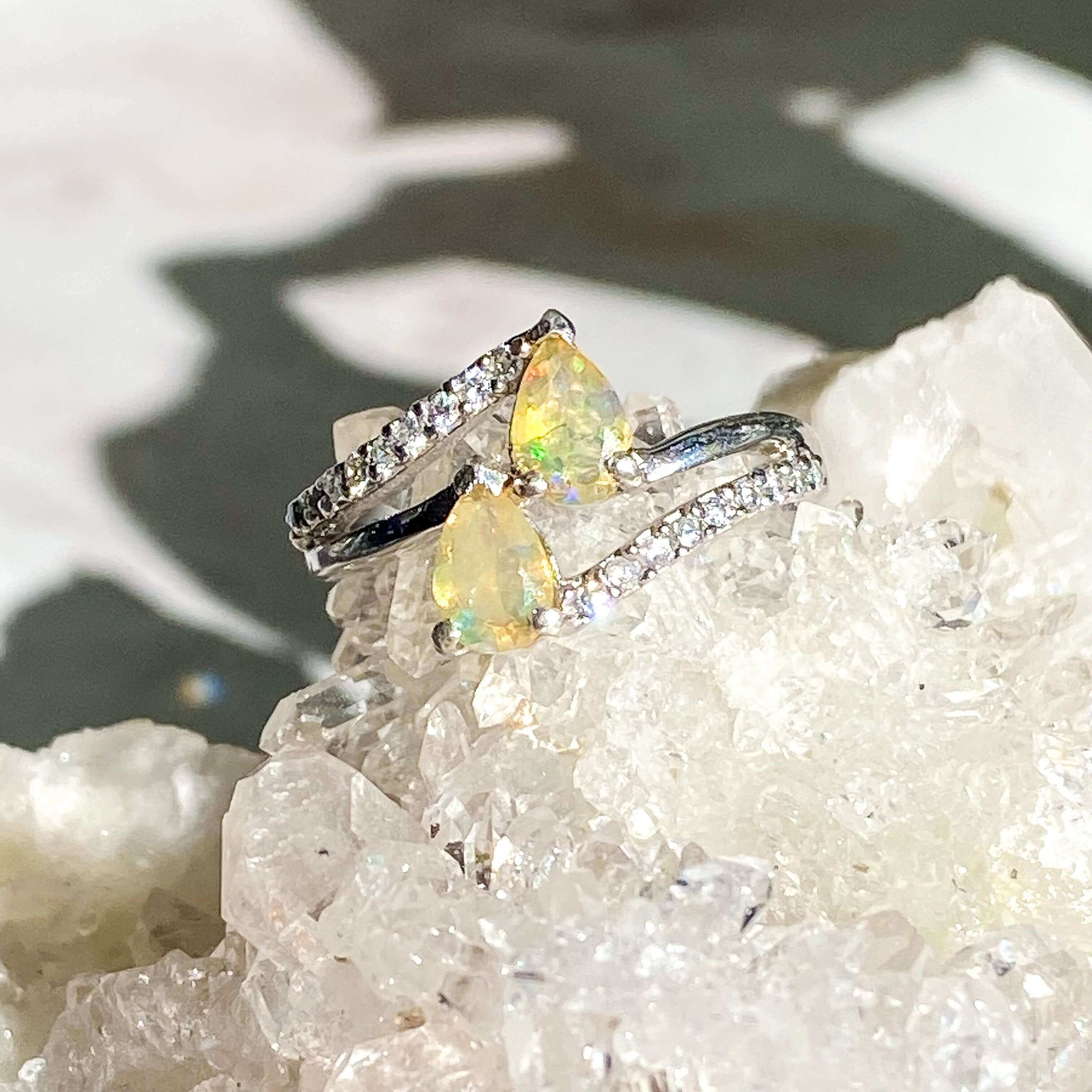 Ethiopian Opal Ring with CZ Accents | Size 5.5