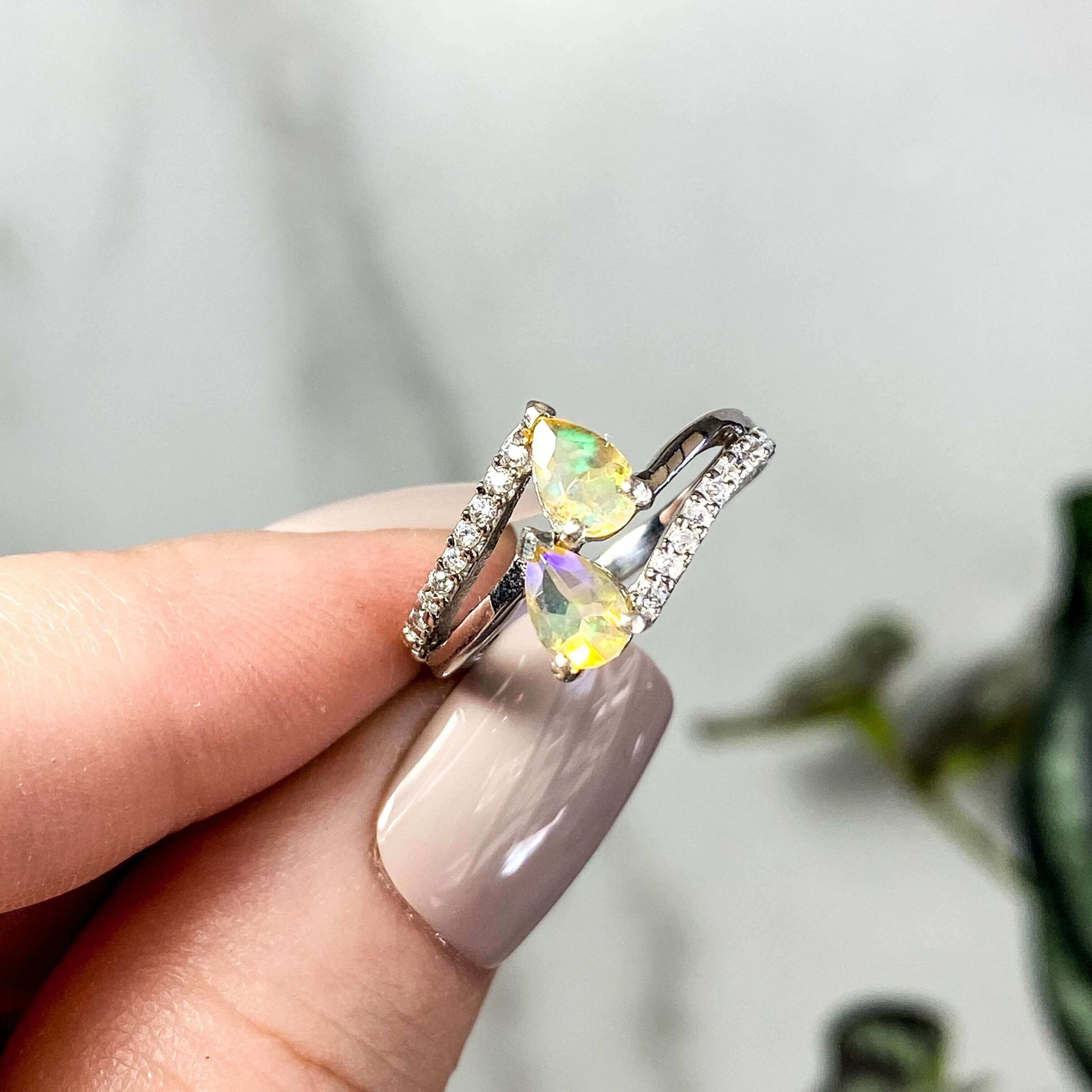 Ethiopian Opal Ring with CZ Accents | Size 5.5