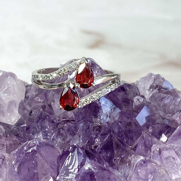Garnet Ring with CZ Accents | Size 7.75 Mooncat Crystals