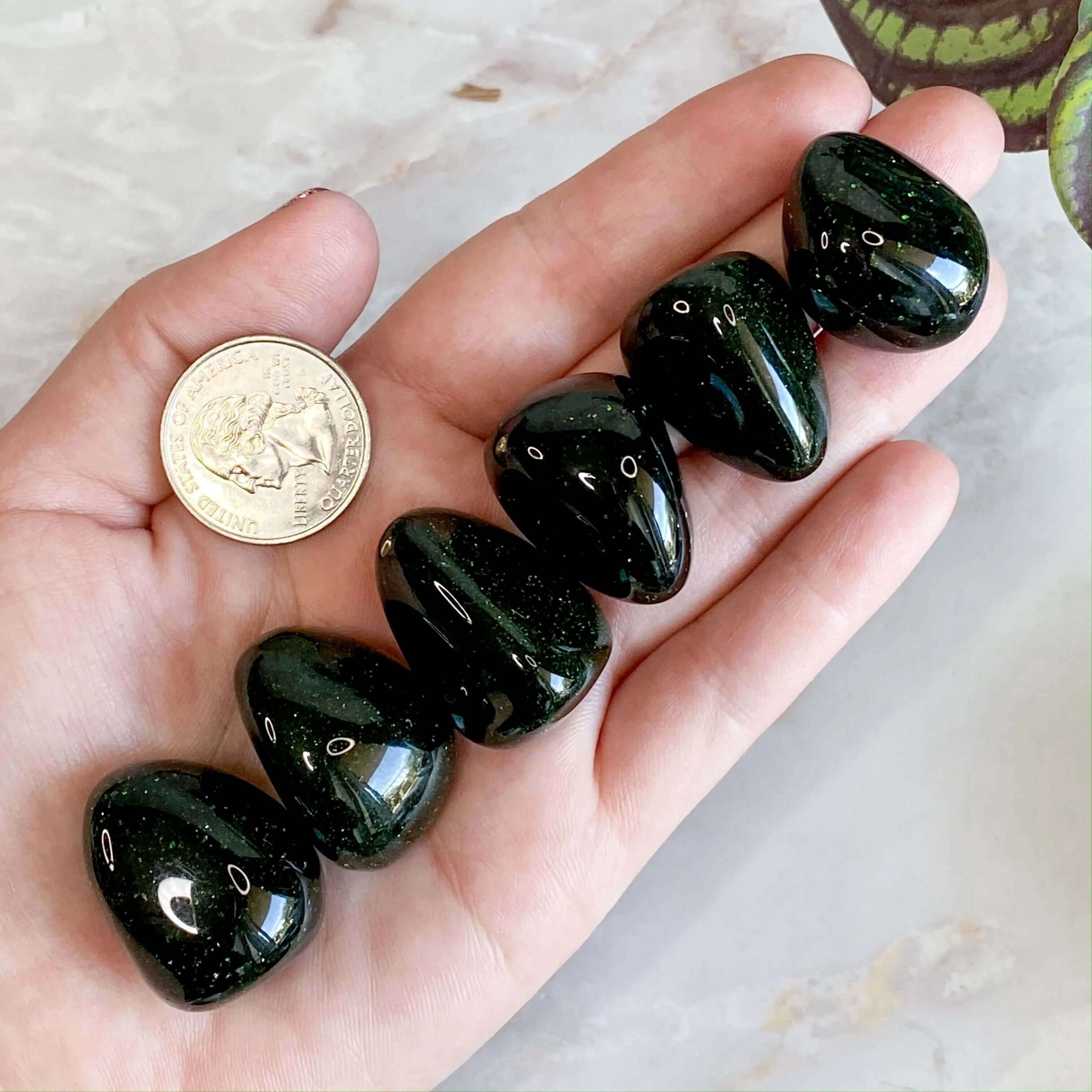 Glittery Green Goldstone (Manmade) Tumbles | Set of 2 Mooncat Crystals